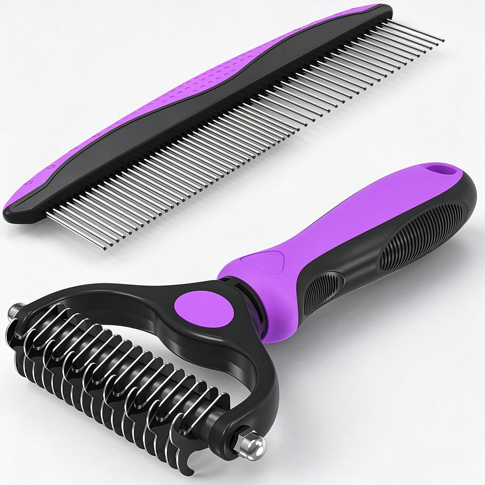 Mevera Pet Grooming Combo: Undercoat Rake, Dematting Deshedding Brush for Long-Haired Dogs and Cats