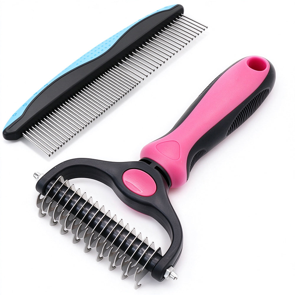 Mevera Pet Grooming Combo: Undercoat Rake, Dematting Deshedding Brush for Long-Haired Dogs and Cats